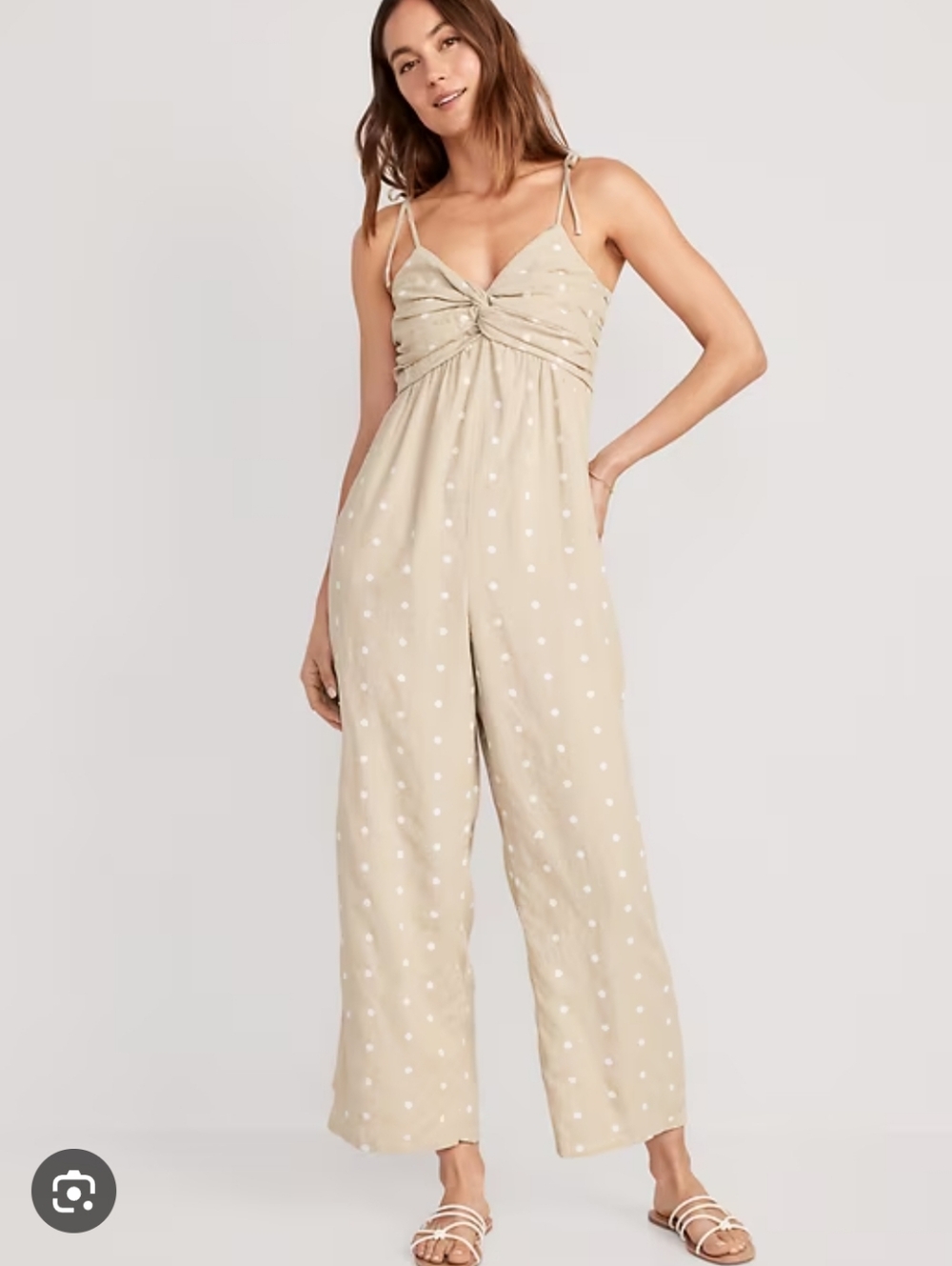 NWT Old Navy Women's Tan Linen Blend White Polka Dot Twist Front Jumpsuit